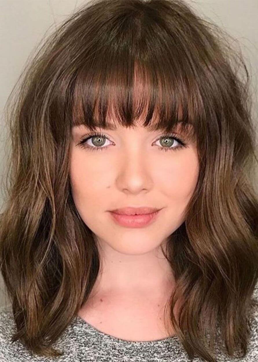 Cute Bangs Hairstyles Womens Middle Length Wavy Synthetic Hair Wigs
